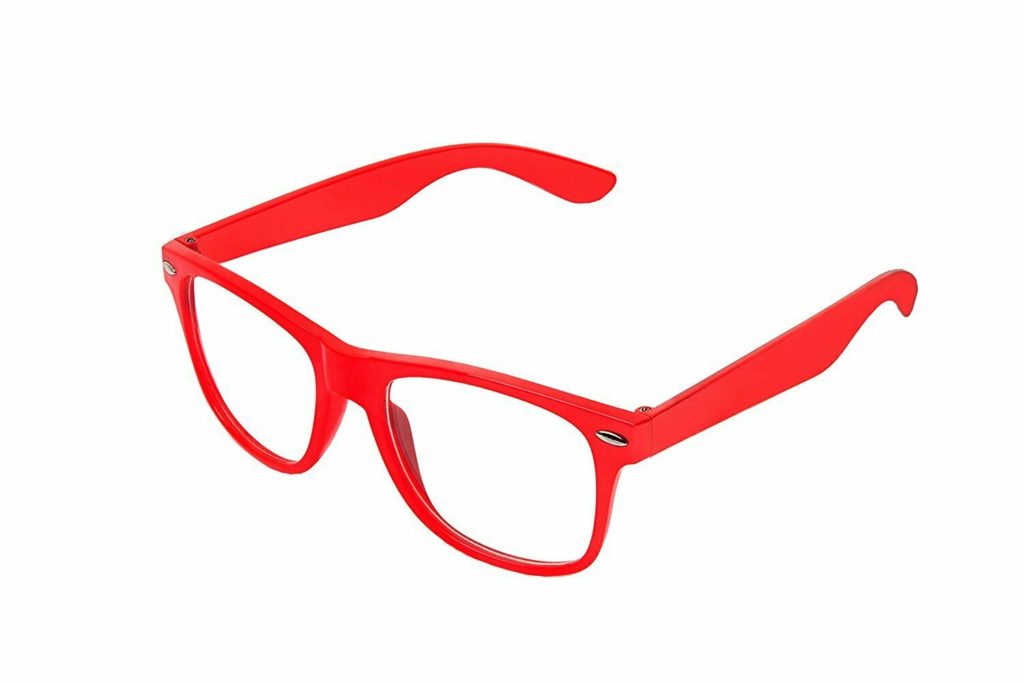 Røde Wayfarer briller med klart glas.
