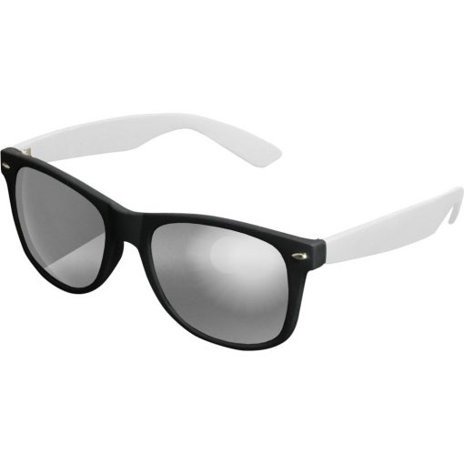 Sort Wayfarer solbrille med spejlglas og hvide stænger.