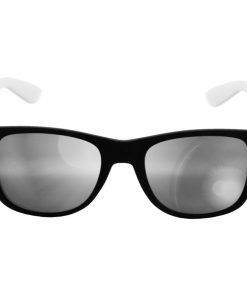Sort Wayfarer brille med spejlglas og hvide stænger.