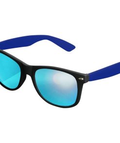 Sort Wayfarer solbrille med spejlglas og blå stænger.